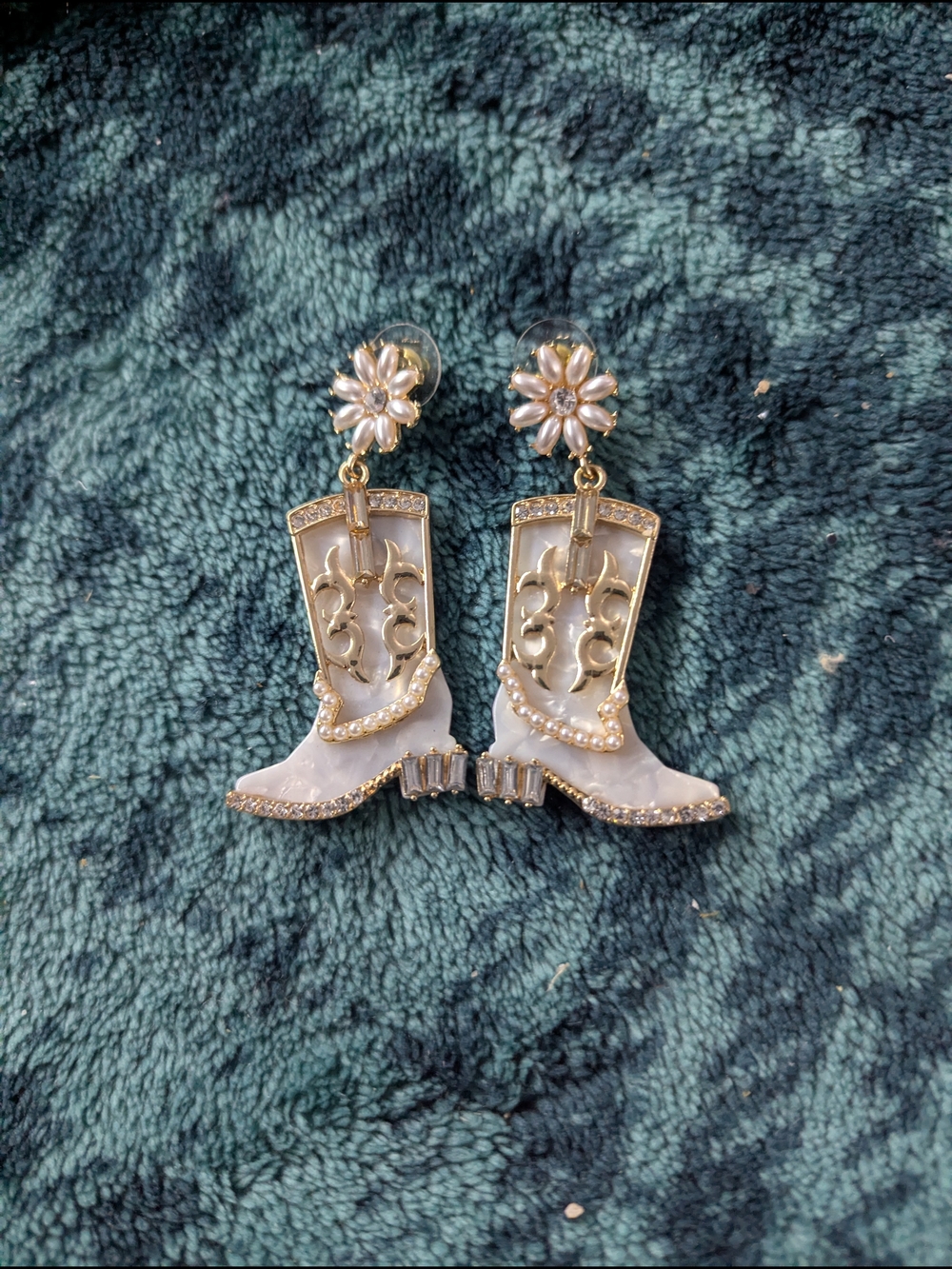 Gold and White Cowboy Boot Drop Earrings